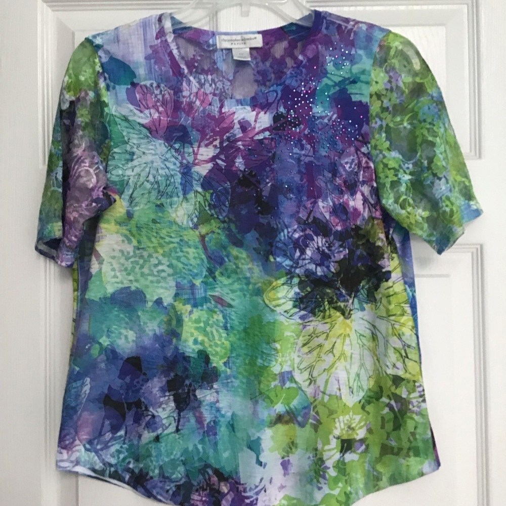 Christopher & Banks Blouse Floral Lace net watercolor Short Sleeves women Small